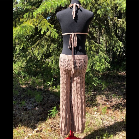 NEW Tan Stretch Knit Pant Crop Top Set Summer Loungewear Beach One Size XS/S - Picture 3 of 12